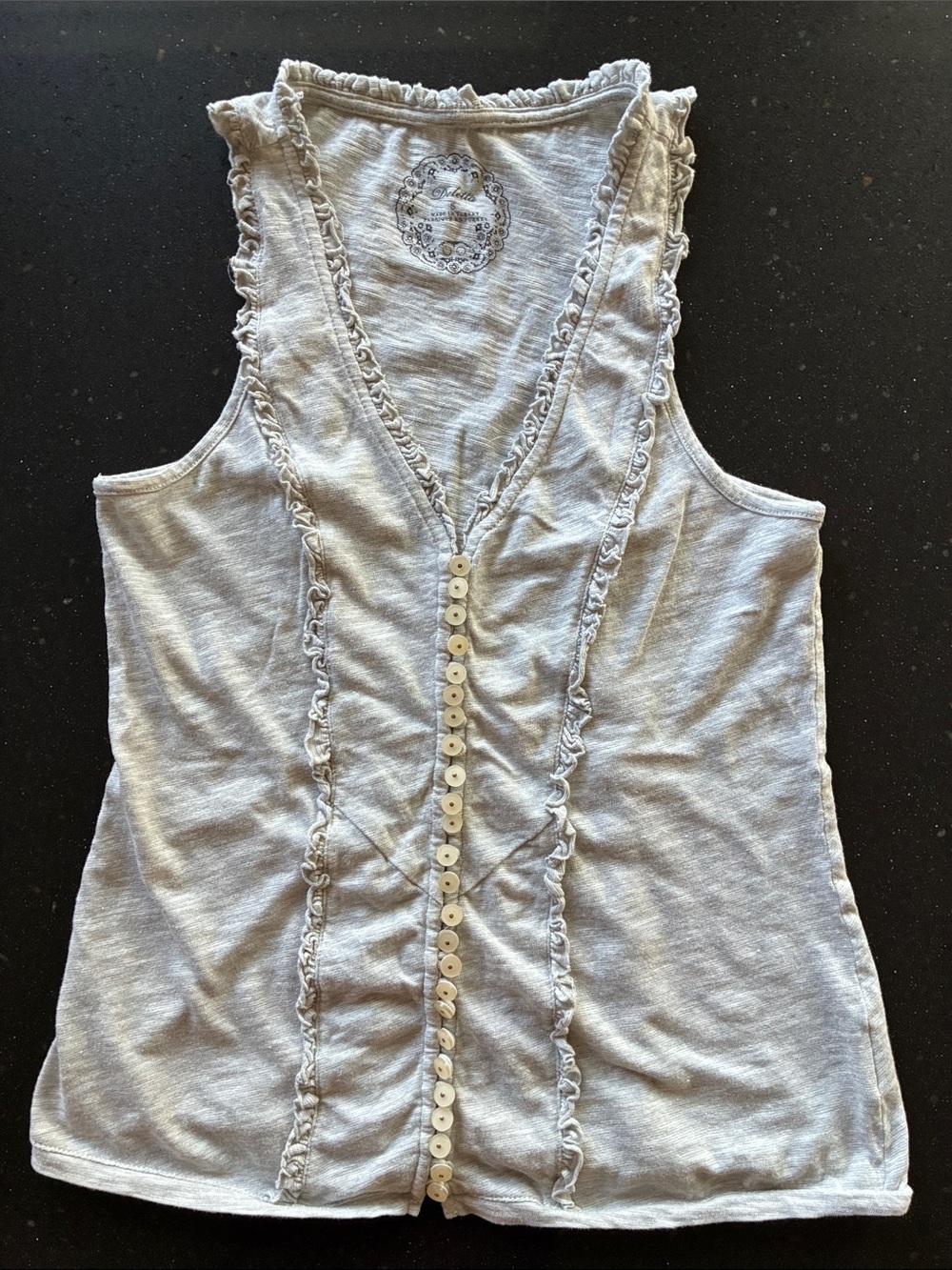 Anthropologie Deletta Light Gray Ruffled Button Tank Top Size Small